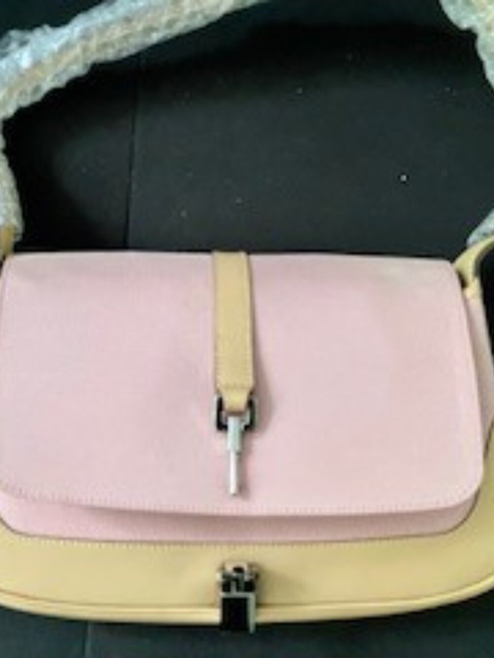 Gucci Jackie 1961 Shoulder Bag Pink Canvas/Beige Leather Piston Lock Vintage